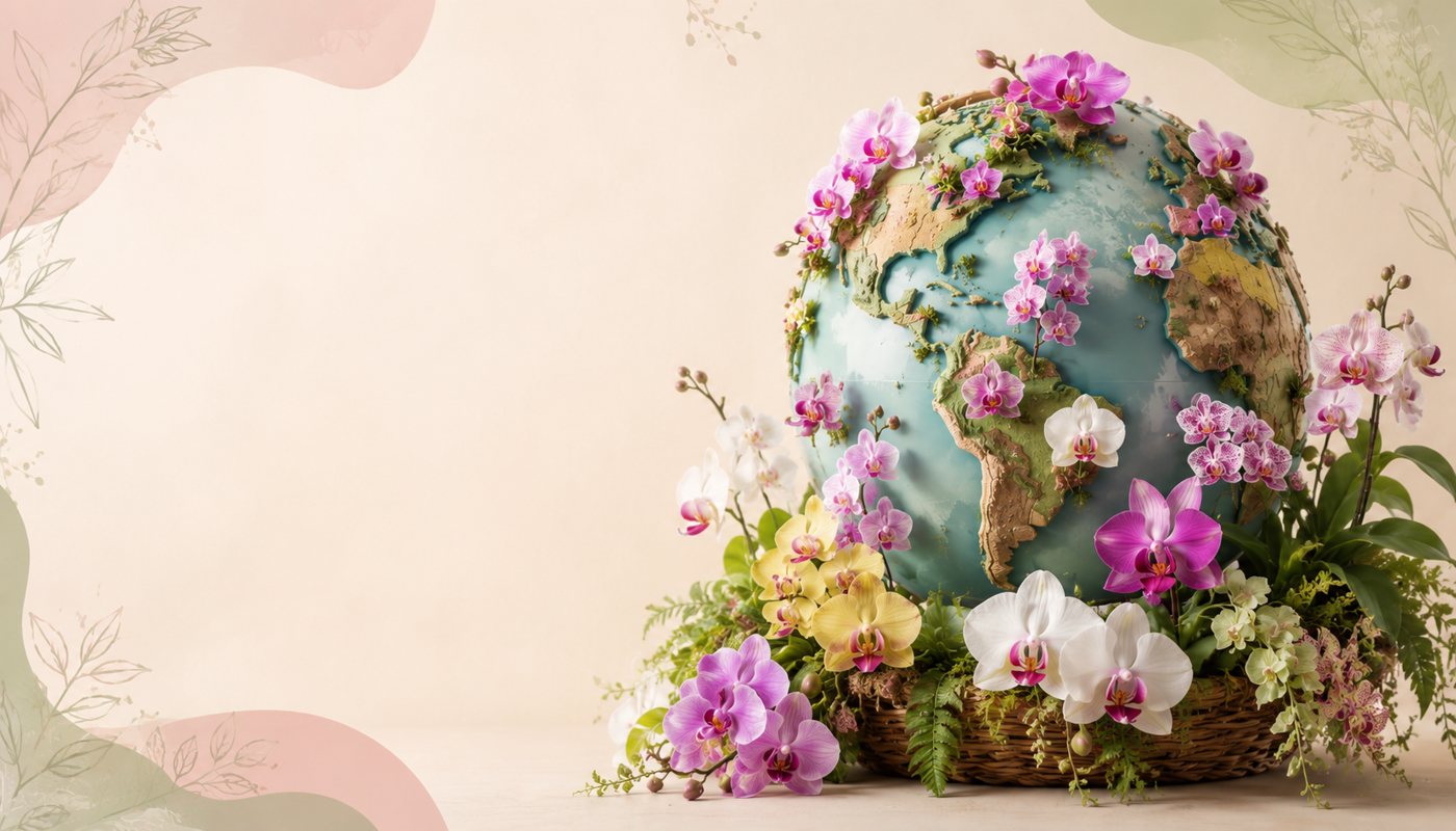 Globo decorado com orquídeas, símbolo do Orquidário Floraterapia